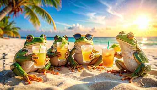 Four Frogs Enjoying Drinks at the Beach on a Sunny Day