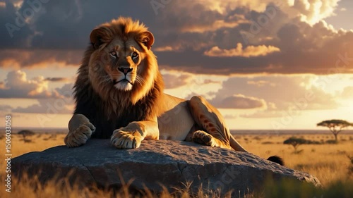 The massive lion reclined on the rock in the nature reserve.