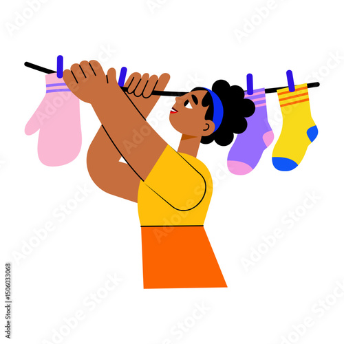 A flat style illustration showing a person drying clothes