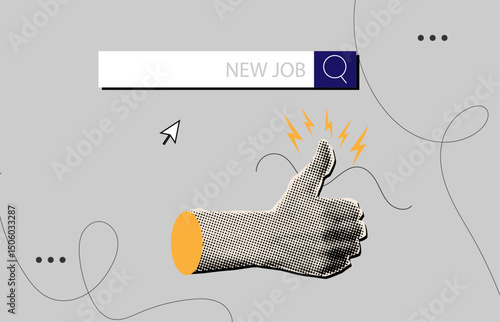  Employee who found job shows thumb up, in trendy halftone collage style, online hiring job with search bar,trendy collage elements