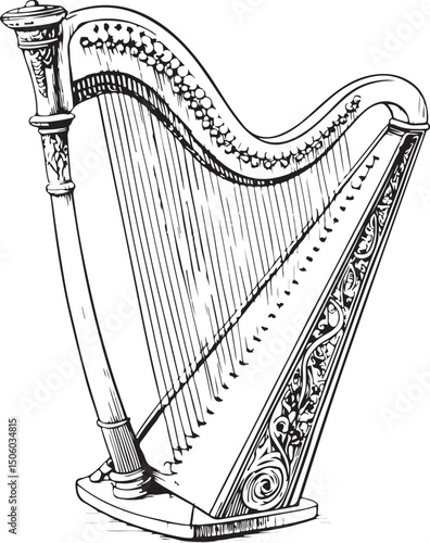 Vector Illustration, Sketch Drawing Line Linear Symbol Musical Instrument, Harp, Engraving Coloring Book, Hand-drawn Black and White Isolated
