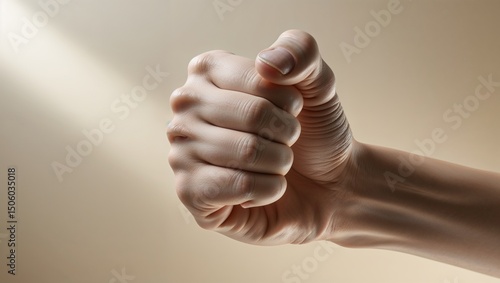 Focused shot of a white-skinned hand raised in a fist gesture against a soft background, powerful expression, copy space

