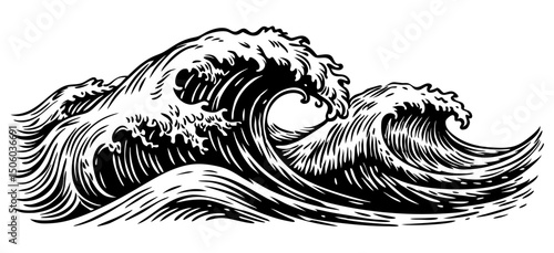 Black and White Woodcut Style Ocean Waves Graphic