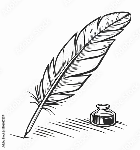Hand-drawn Quill Pen and Inkwell Illustration