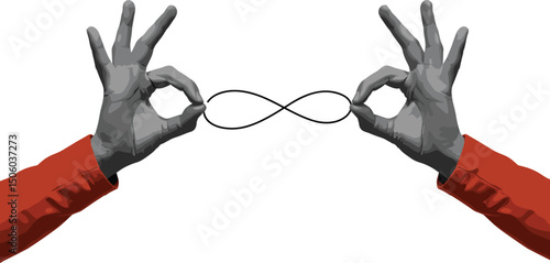 Two hands tying a knot. Concept of connection. Modern photo collage style. Illustration on transparent background