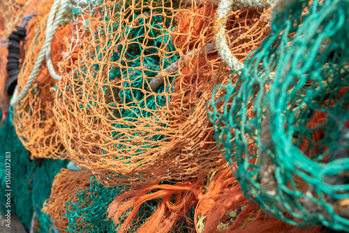 A closeup of fishing nets in Harwich, Essex, United Kingdom