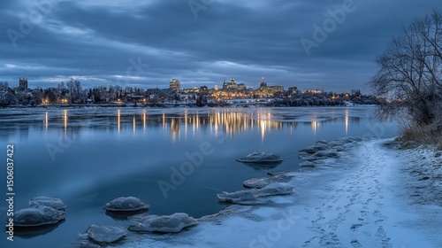 City skyline reflected on a frozen river at dawn.