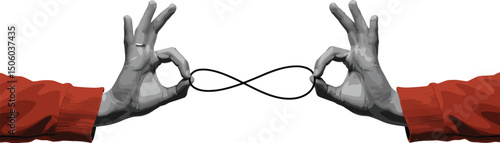 Two hands tying a knot. Concept of connection. Modern photo collage style. Illustration on transparent background