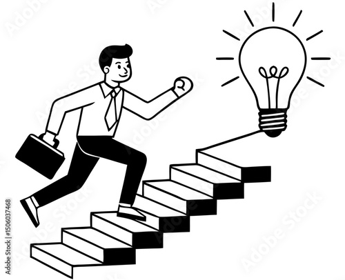 Businessman Running Up Stairs Towards Lightbulb Idea