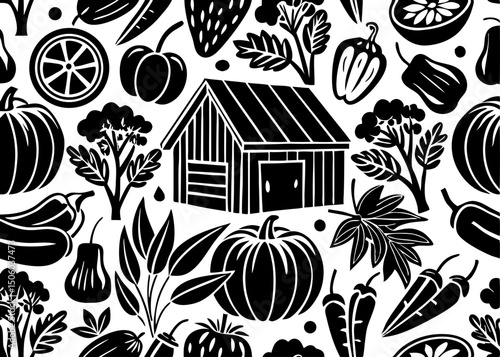 Black and White Farm Fresh Produce Seamless Pattern