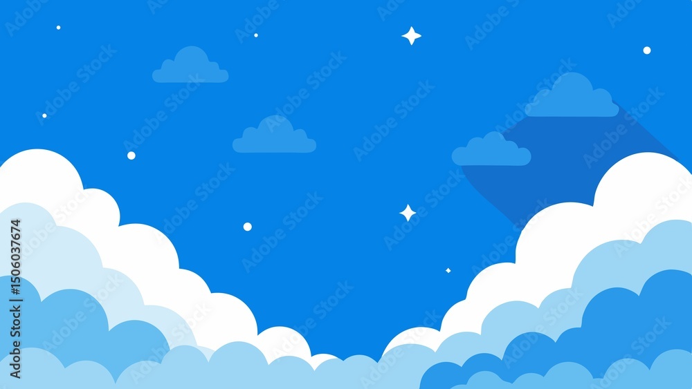 Beautiful and bright cartoon sky with clouds and stars in a blue background Beautiful and bright cartoon sky with clouds and stars in a blue background