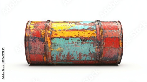 A vibrant, distressed old metal barrel painted with colorful rustic paint sits isolated on a clean white background ready for use.