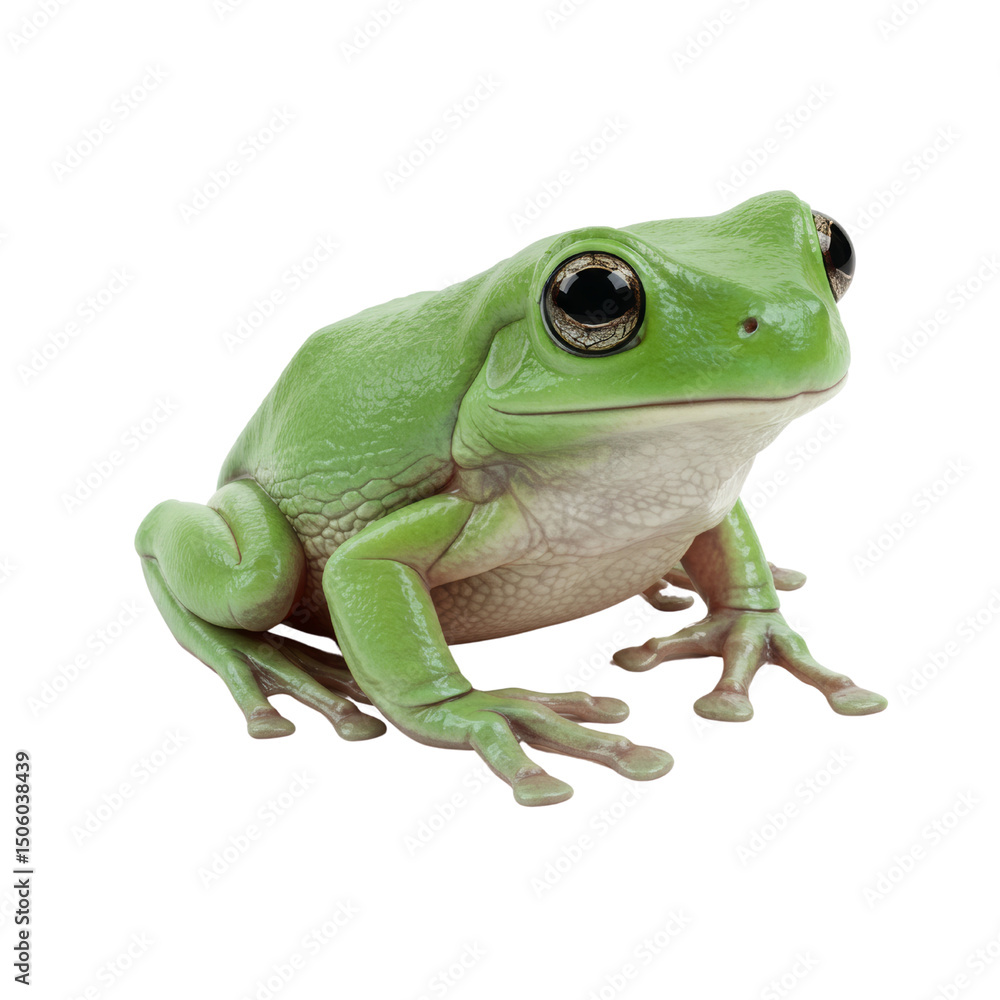 Obraz premium Green frog sitting on a surface with a transparent background 