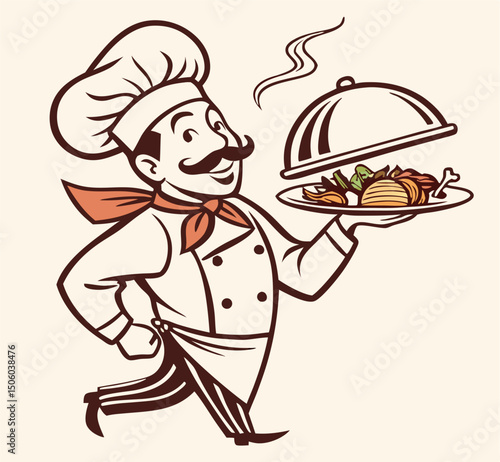 Happy Chef Running with Food Platter, Vintage Style Illustration