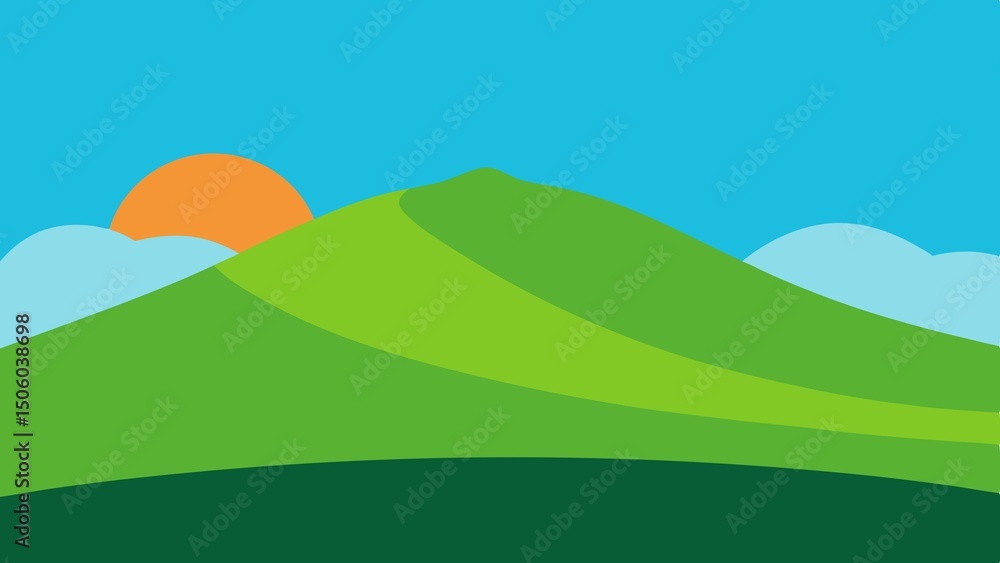 Fototapeta premium Simple landscape illustration featuring mountain sunrise with vibrant green hues and a blue sky background