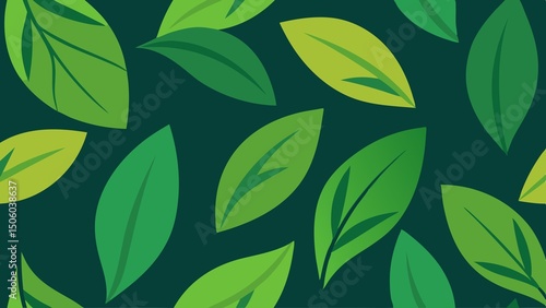 Seamless pattern design of green stylized leaves on a dark background