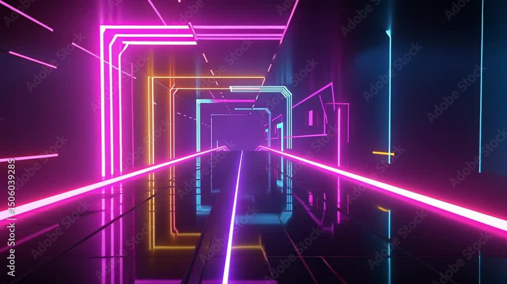 Vibrant Neon Tunnel with Colorful Lights Futuristic Journey through Pink, Blue, and Yellow Reflections in Dynamic Atmosphere Vibrant Neon Tunnel with Colorful Lights Futuristic Journey through Pink, Blue, and Yellow Reflections in Dynamic Atmosphere
