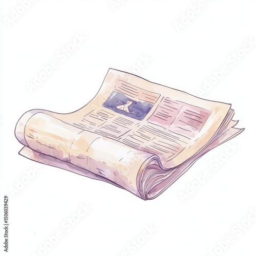 This vivid hand-drawn watercolor illustration portrays a neatly folded newspaper featuring various headlines, article texts, and an image.