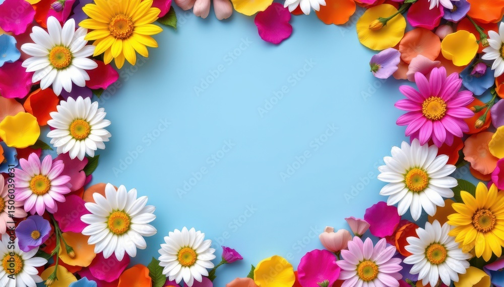 Prismatic Daisy and Flower Frame on Light Blue Background Prismatic Daisy and Flower Frame on Light Blue Background