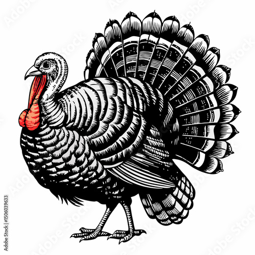 Sketch domestic Turkey engraving black and white outline. Illustrated in vintage line art style. Turkey hand drawn sketch in doodle style on a white background.
