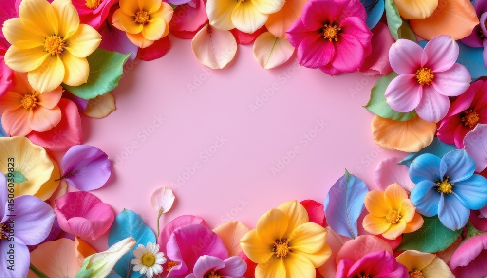 Vibrant Soft Rainbow Flowers Frame on Pink Background for Design Vibrant Soft Rainbow Flowers Frame on Pink Background for Design