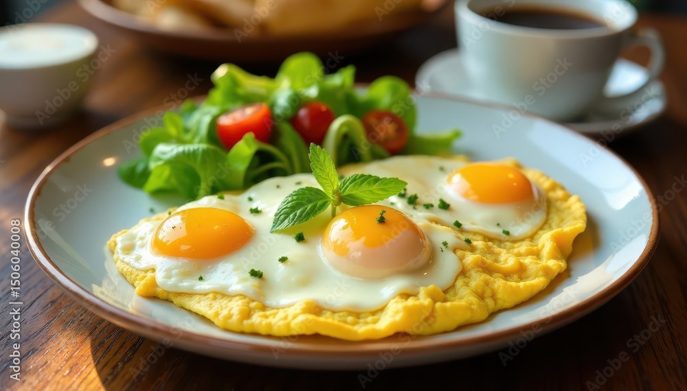Creamy three-egg omelet on ceramic plate, beside vibrant green salad & coffee , salad, energyboost, vibrant Creamy three-egg omelet on ceramic plate, beside vibrant green salad & coffee , salad, energyboost, vibrant