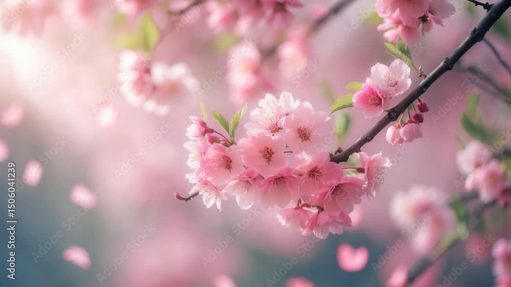 Delicate cherry blossom branch adorned with soft pink flowers, set against a dreamy background with gentle petals drifting through the air, capturing a serene spring ambiance. Delicate cherry blossom branch adorned with soft pink flowers, set against a dreamy background with gentle petals drifting through the air, capturing a serene spring ambiance.
