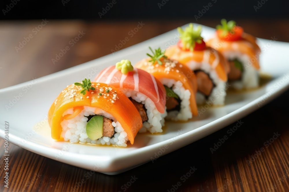 Variety of sushi rolls on a white plate, soy sauce, wasabi , uramaki, rolls, food photography Variety of sushi rolls on a white plate, soy sauce, wasabi , uramaki, rolls, food photography