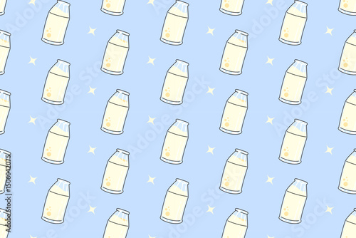 fresh milk bottle with light illustration colorful seamless pattern on blue background. bottle of milks doodle seamless pattern background for dairy product, farm, grocery, health drink, cafes