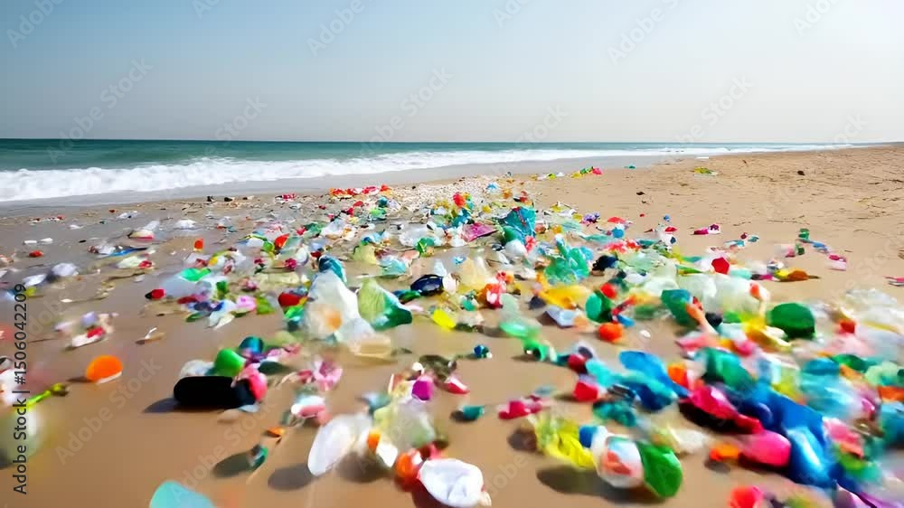 a vast beach covered with countless plastic bottles and debris. a vast beach covered with countless plastic bottles and debris.
