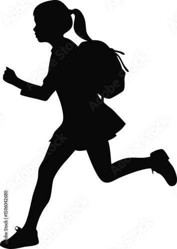Silhouette of a Young Girl Running with Backpack on White Background Back to School Excitement and Childhood
