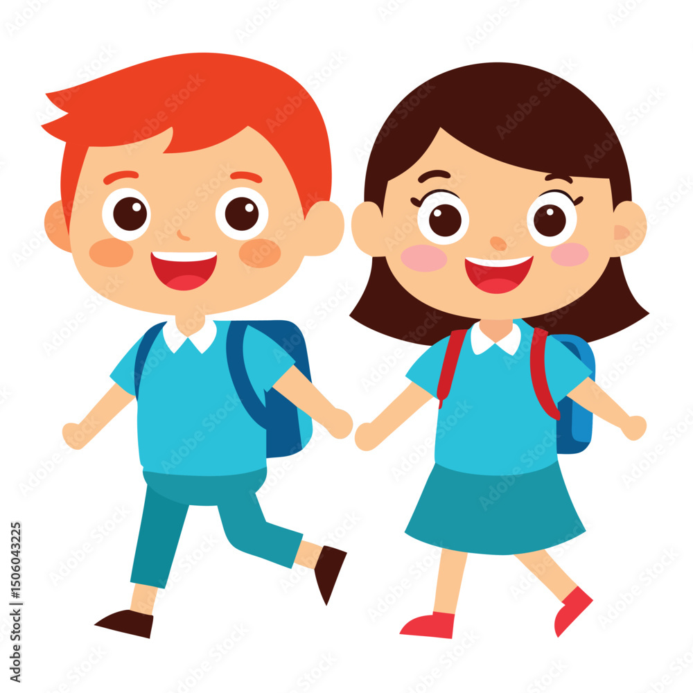 Cartoon School Kids Walking Together Holding Hands Ready to Learn and Wearing Backpacks Isolated on a White Background Illustration Cartoon School Kids Walking Together Holding Hands Ready to Learn and Wearing Backpacks Isolated on a White Background Illustration