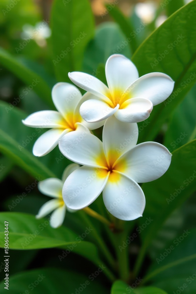Fototapeta premium Beautiful white plumeria flowers in a lush garden, white flowers, tropical plants
