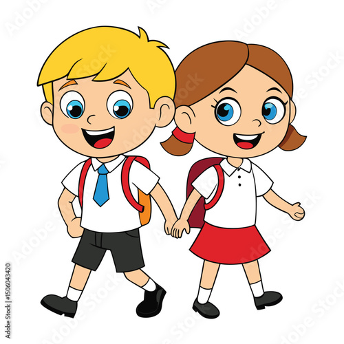Cartoon Illustration of Two Smiling School Children Walking Hand in Hand Wearing Uniforms and Backpacks on a White Background