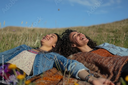 Two young women joyfully laughing while lying on a blanket in a grassy field under a clear blue sky.