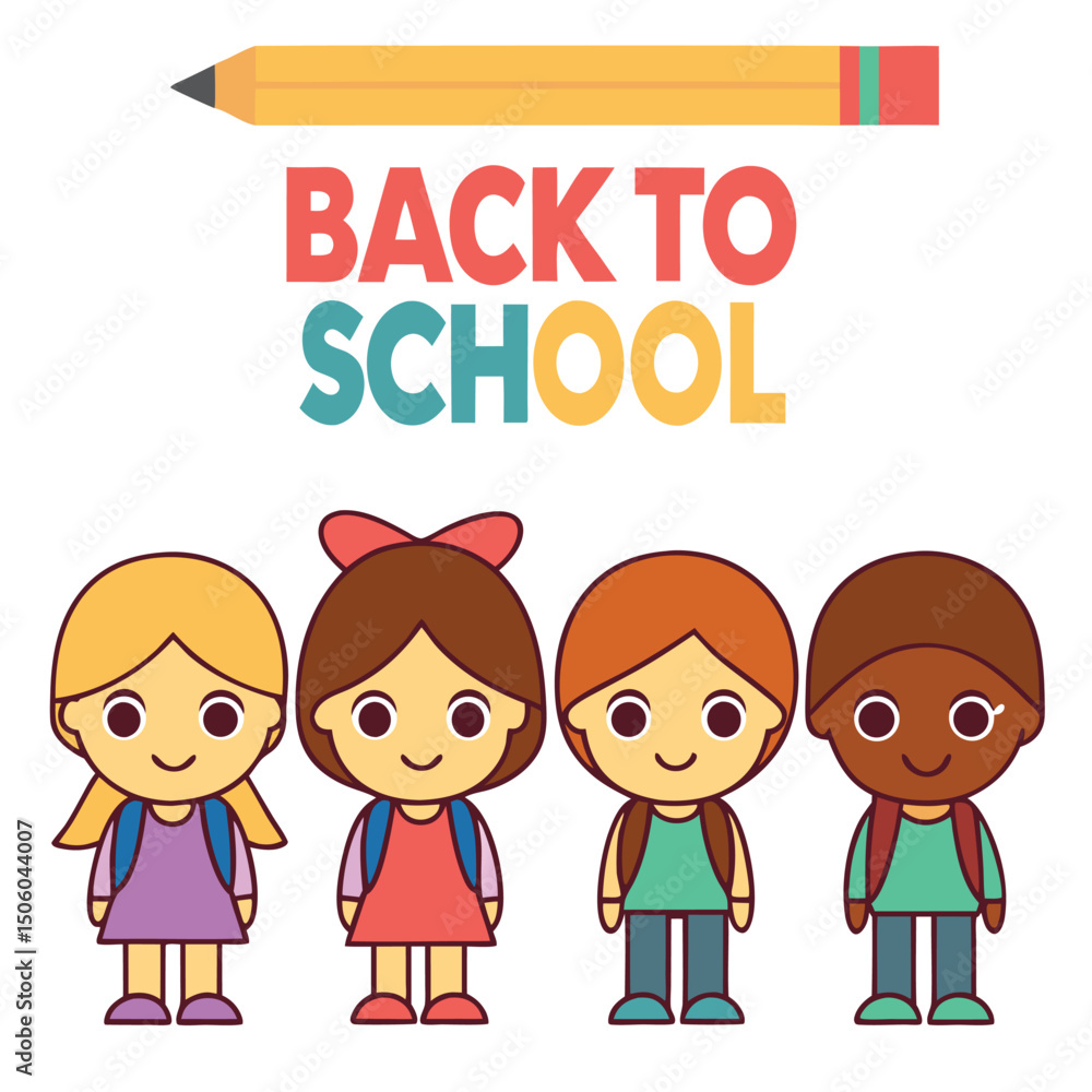 Colorful Back to School Illustration with Diverse Students and a Pencil Ideal for Educational Materials and Designs for Children