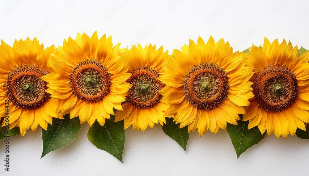 Fototapeta premium vibrant sunflowers aligned in a row showcasing their bright yellow petals and green leaves against a white background