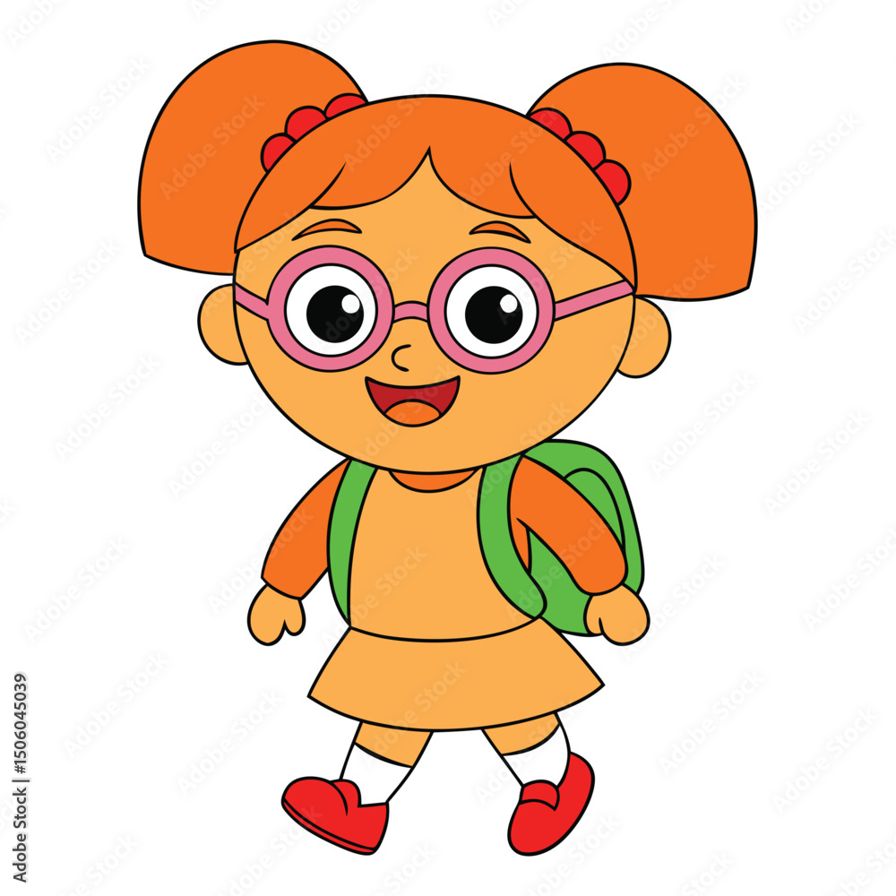 Obraz premium Cheerful Cartoon Schoolgirl with Backpack Ready for Learning and Education Isolated on White Background in a Vector Illustration