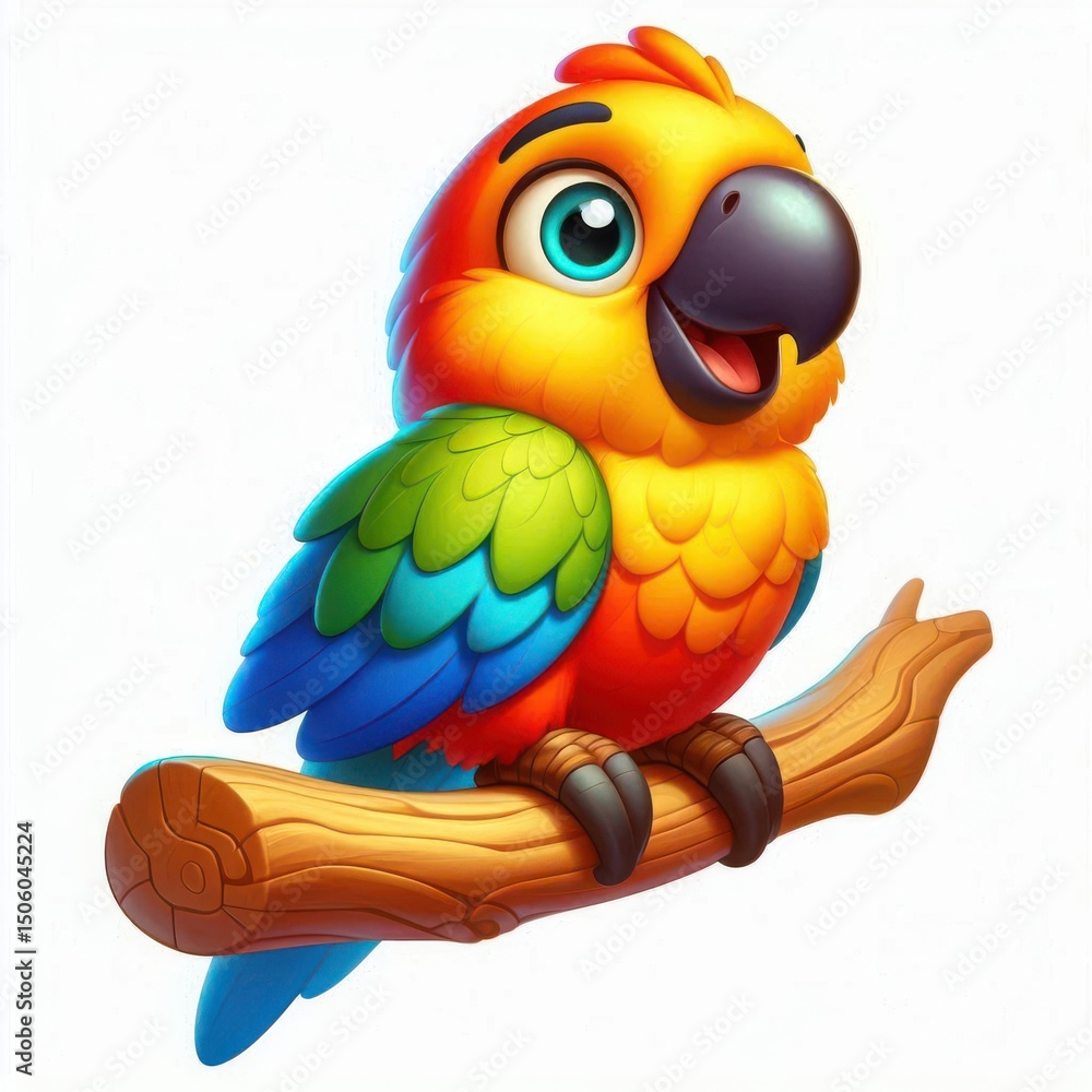 Fototapeta premium Adorable cartoon parrot on wooden branch.