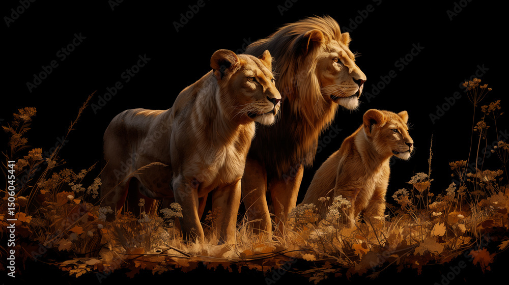 Naklejka premium Family of lions with a lion, a lioness, and several cubs. Representing the strength, resilience, and love.