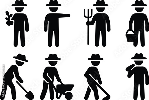 Minimal farmer silhouette icons performing gardening, planting, and agricultural work with tools and hats