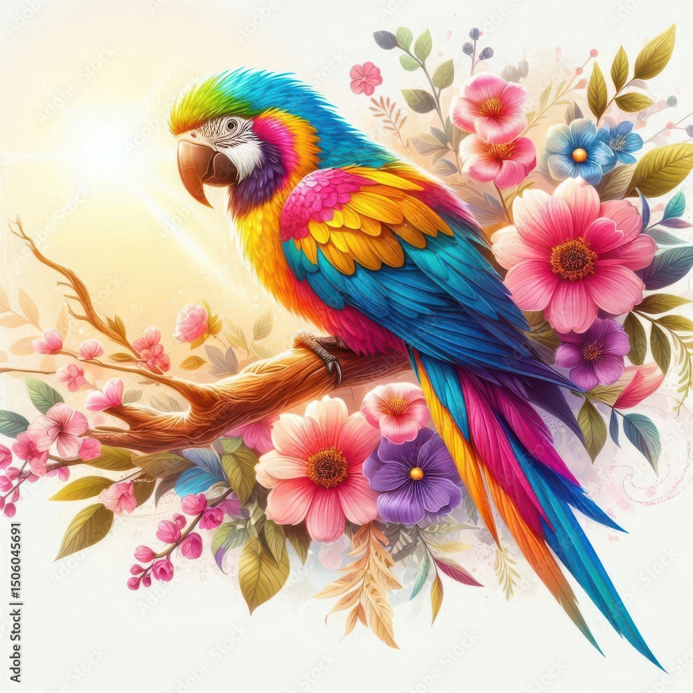 Fototapeta premium Vibrant macaw parrot on blooming tropical flowers.