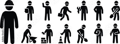 Silhouette icons of minimal construction workers in various job roles and activities including teamwork and equipment use