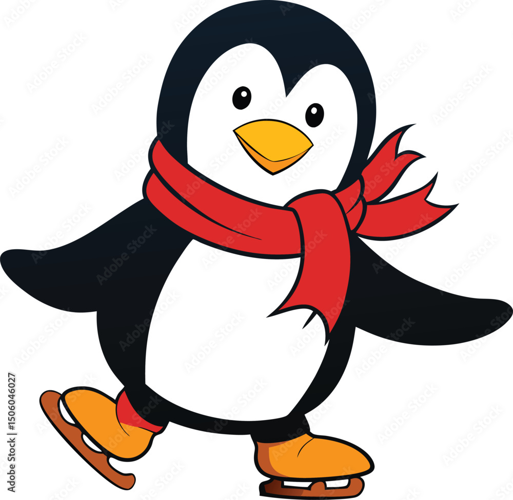 Obraz premium Cartoon Penguin Ice Skating with Scarf and Rosy Cheeks Cute Winter Animal Illustration new 2025 trendy unique