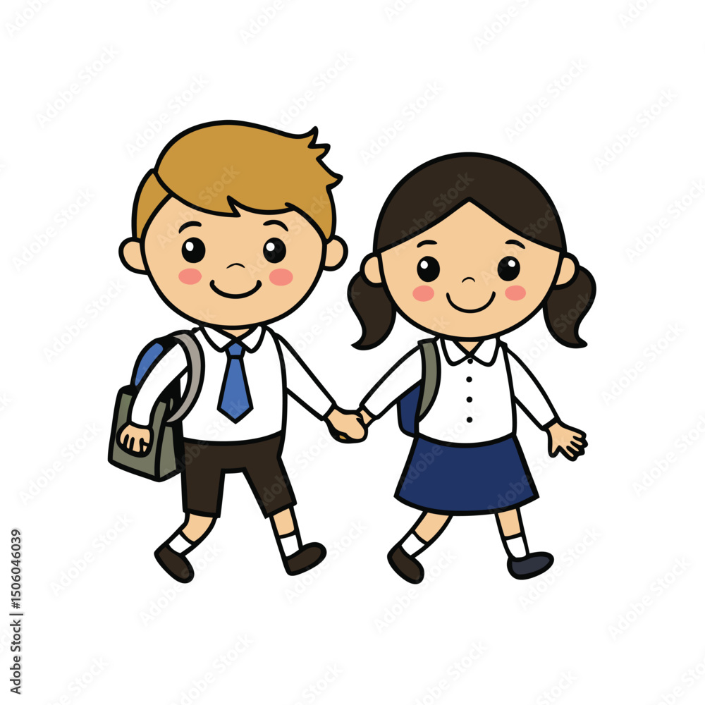Cartoon School Children Holding Hands Walking to School Wearing Uniforms and Backpacks Vector Illustration on White Background Back to School Concept Cartoon School Children Holding Hands Walking to School Wearing Uniforms and Backpacks Vector Illustration on White Background Back to School Concept