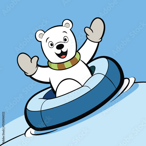 Cartoon Polar Bear Snow Tubing Downhill with Paws Up  Fun Winter Animal Illustration new 2025 trendy unique