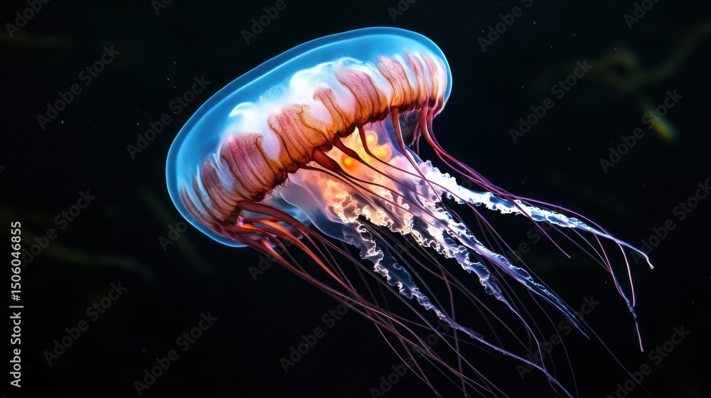 Fototapeta premium A jellyfish glides effortlessly through the dark waters of the ocean at night. Its translucent body glows with vibrant colors, illuminating the surrounding area with its delicate tentacles