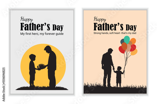 Fathers Day Vector Illustration Boy Holding Dad’s Hand with Balloons and Football Scene Silhouette