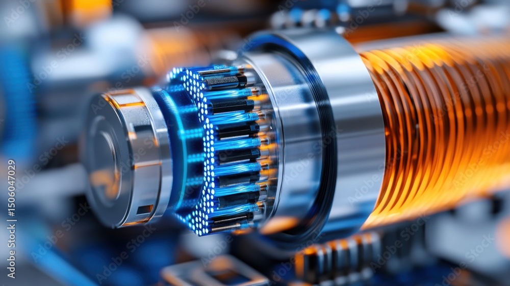 Fototapeta premium A detailed view reveals innovative electric motor parts, highlighting complex wiring and precision engineering in a laboratory. This reflects advancements in technology and design