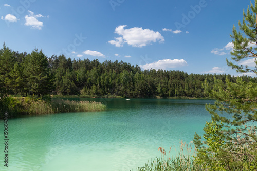 Beautiful summer landscape - a lake surrounded by green trees against a blue sky